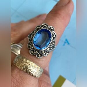 Victorian era 1850's blue art glass & marcasite sterling silver ring size 7